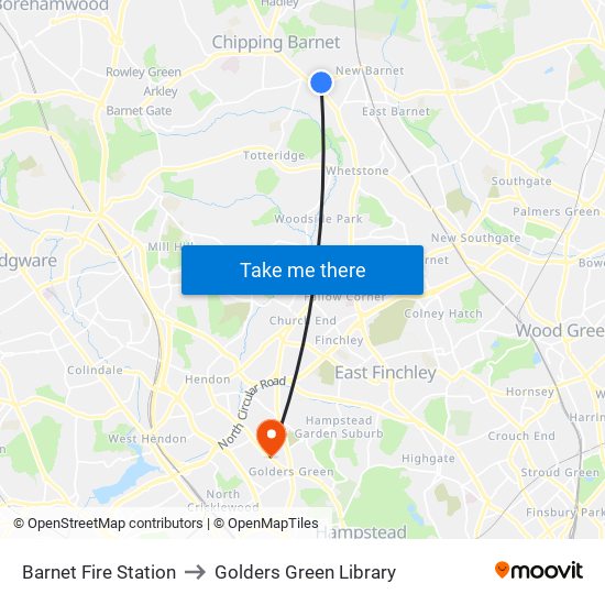Barnet Fire Station to Golders Green Library map