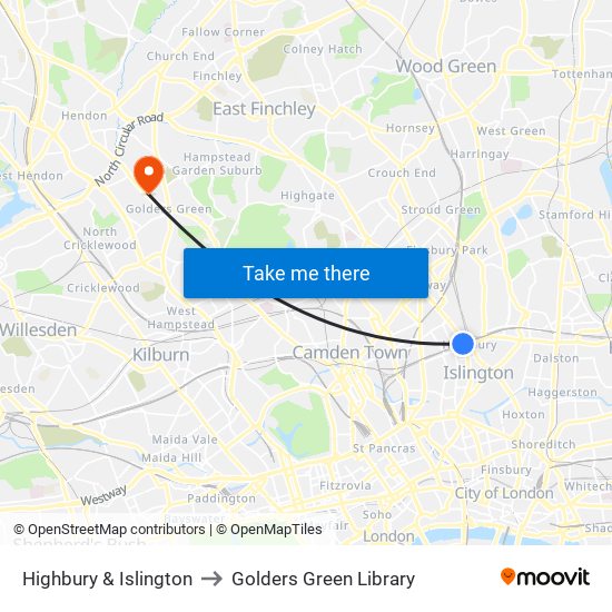 Highbury & Islington to Golders Green Library map