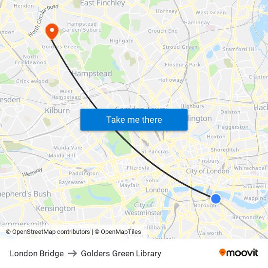 London Bridge to Golders Green Library map