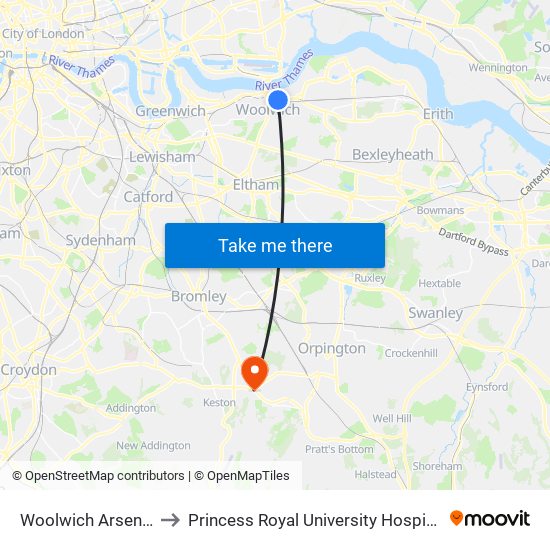 Woolwich Arsenal to Princess Royal University Hospital map