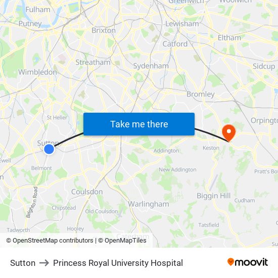 Sutton to Princess Royal University Hospital map