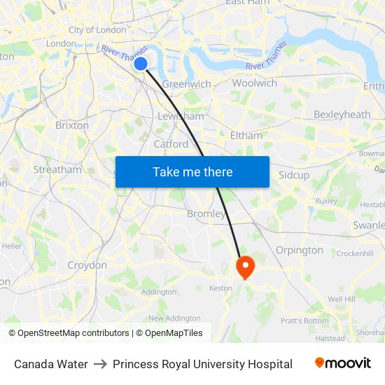 Canada Water to Princess Royal University Hospital map