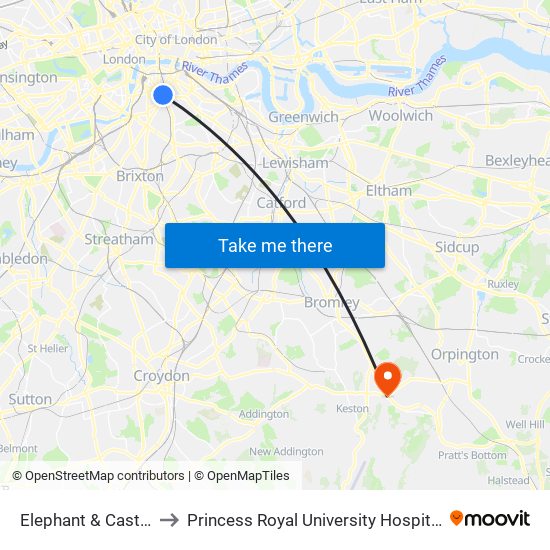 Elephant & Castle to Princess Royal University Hospital map