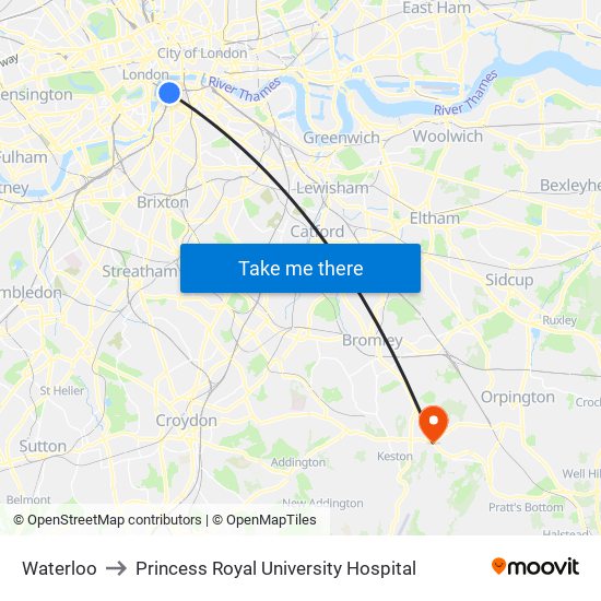 Waterloo to Princess Royal University Hospital map