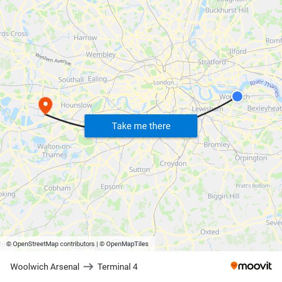 Woolwich Arsenal to Terminal 4 map