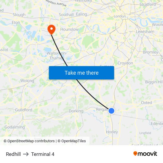 Redhill to Terminal 4 map