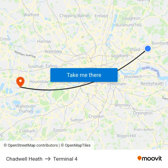 Chadwell Heath to Terminal 4 map
