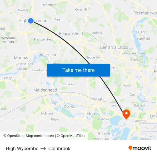 High Wycombe to Colnbrook map