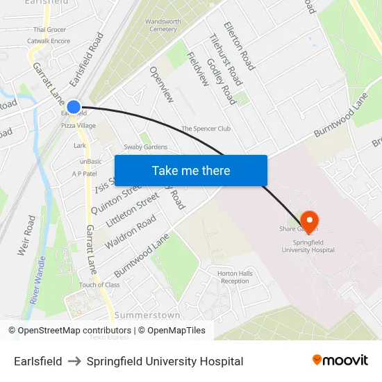 Earlsfield to Springfield University Hospital map
