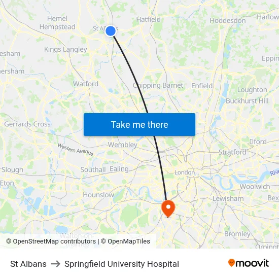 St Albans to Springfield University Hospital map