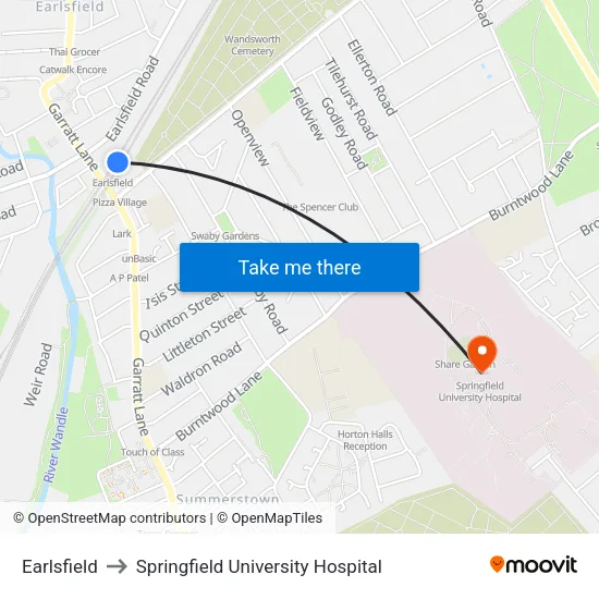 Earlsfield to Springfield University Hospital map