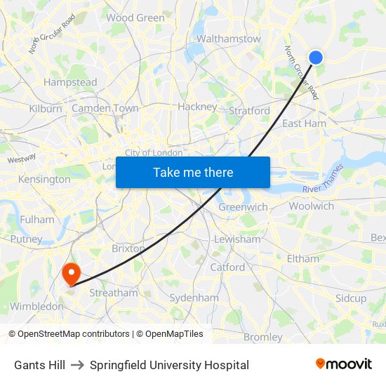 Gants Hill to Springfield University Hospital map