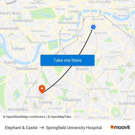 Elephant & Castle to Springfield University Hospital map