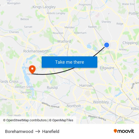 Borehamwood to Harefield map