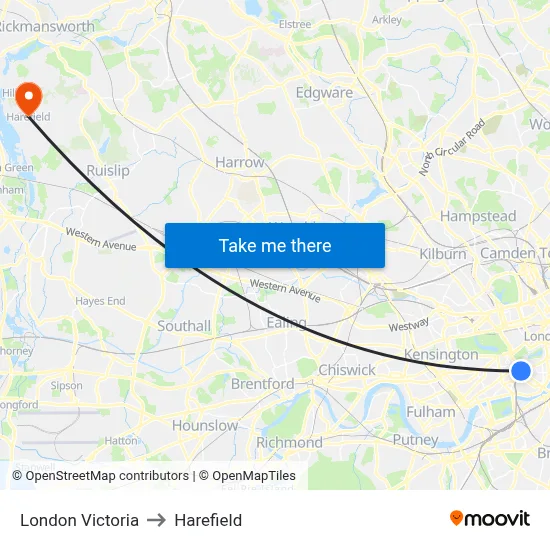 London Victoria to Harefield map