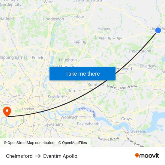 Chelmsford to Eventim Apollo map