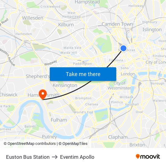 Euston Bus Station to Eventim Apollo map