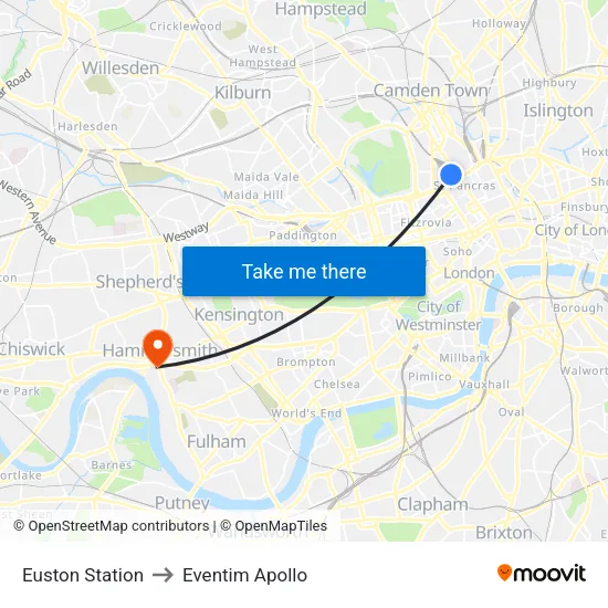Euston Station to Eventim Apollo map