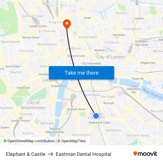 Elephant & Castle to Eastman Dental Hospital map