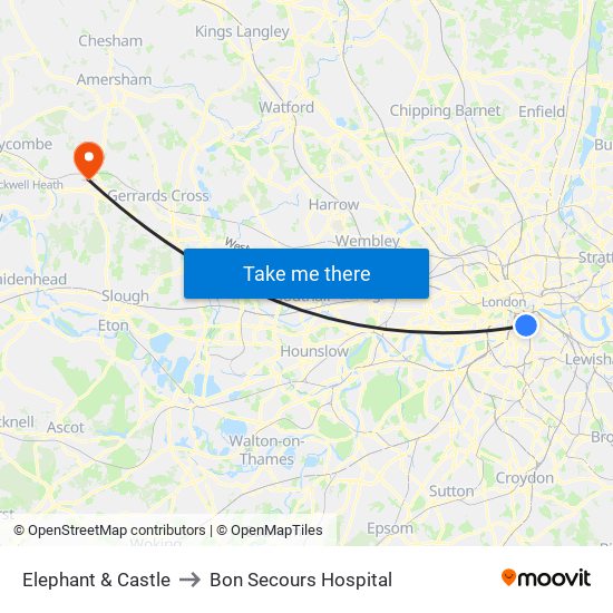 Elephant & Castle to Bon Secours Hospital map