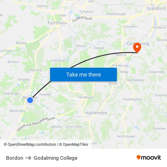 Bordon to Godalming College map