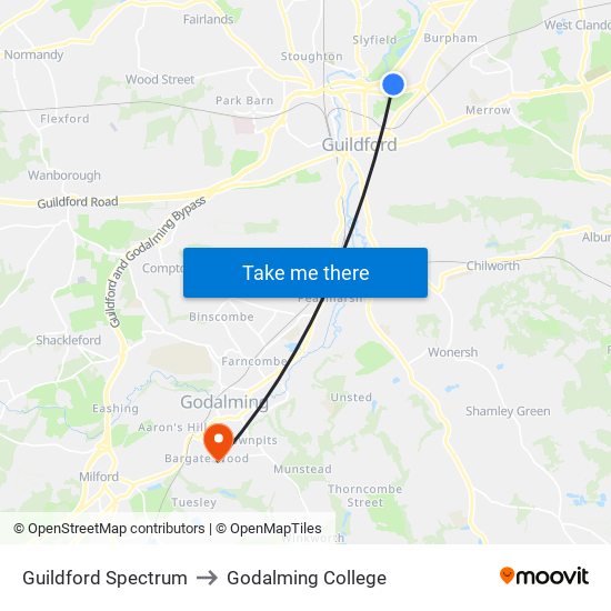 Guildford Spectrum to Godalming College map