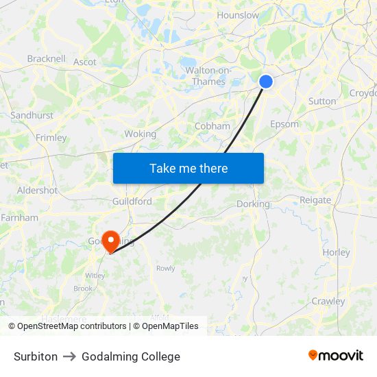 Surbiton to Godalming College map