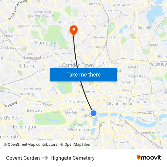 Covent Garden to Highgate Cemetery map