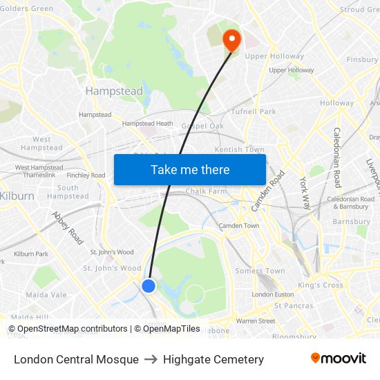 London Central Mosque to Highgate Cemetery map