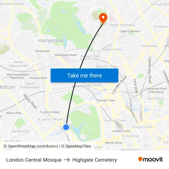 London Central Mosque to Highgate Cemetery map
