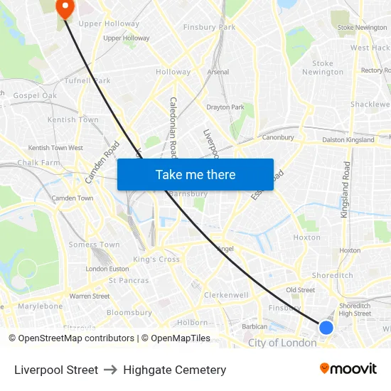 Liverpool Street to Highgate Cemetery map