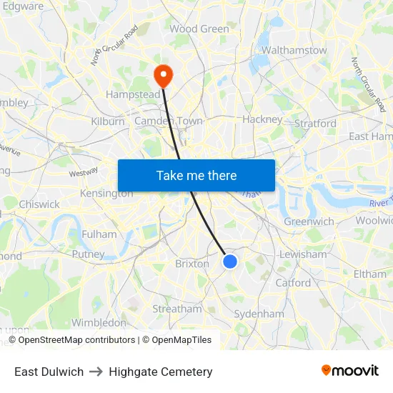 East Dulwich to Highgate Cemetery map