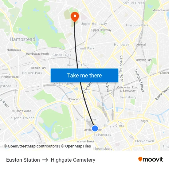 Euston Station to Highgate Cemetery map