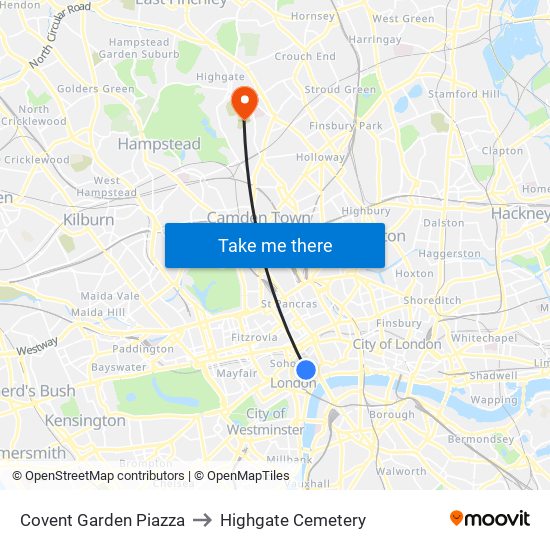 Covent Garden Piazza to Highgate Cemetery map