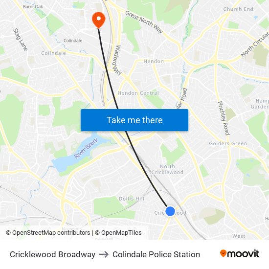 Cricklewood Broadway to Colindale Police Station map
