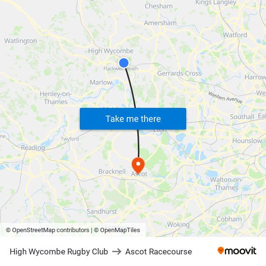 High Wycombe Rugby Club to Ascot Racecourse map