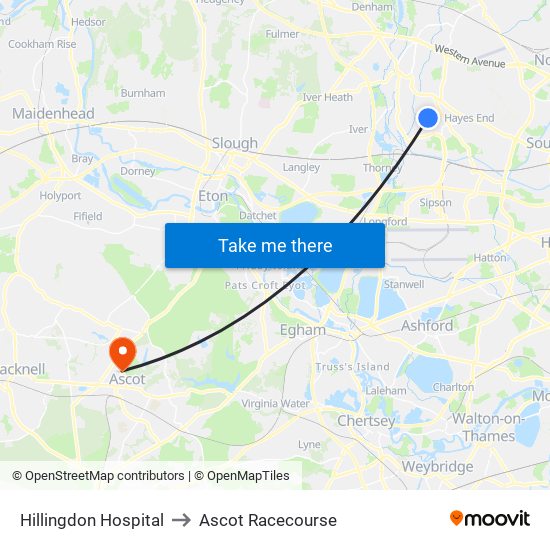 Hillingdon Hospital to Ascot Racecourse map
