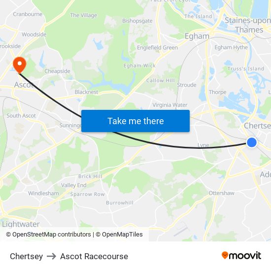 Chertsey to Ascot Racecourse map