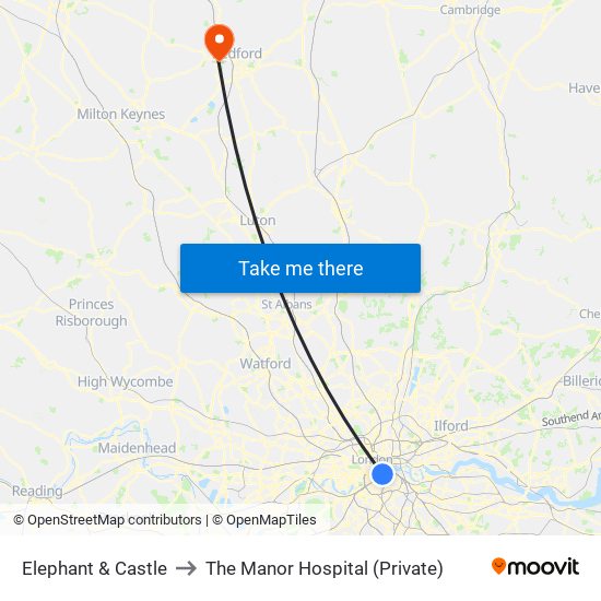 Elephant & Castle to The Manor Hospital (Private) map