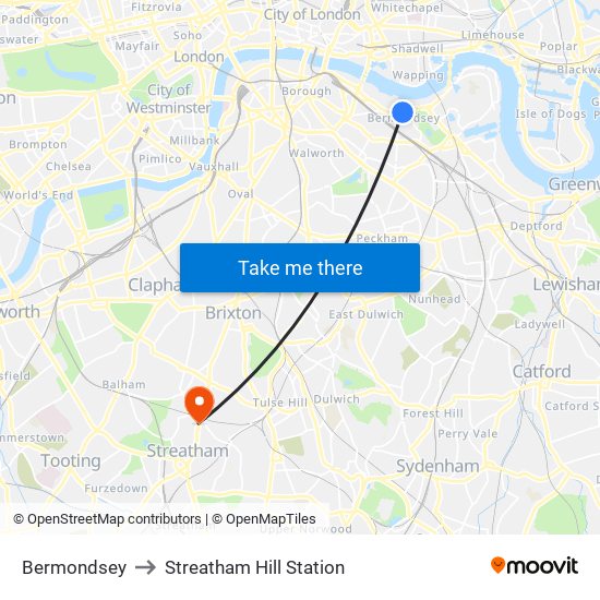 Bermondsey to Streatham Hill Station map