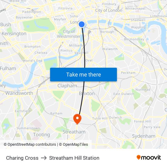 Charing Cross to Streatham Hill Station map