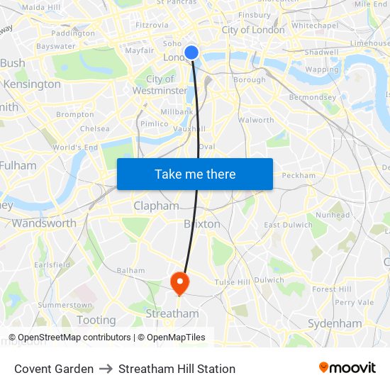 Covent Garden to Streatham Hill Station map