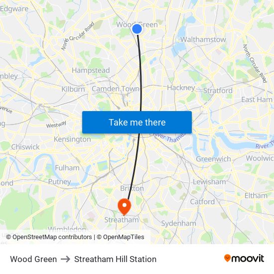 Wood Green to Streatham Hill Station map