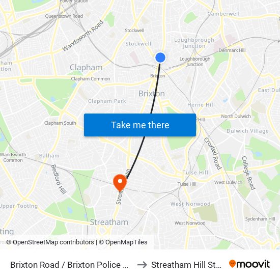 Brixton Road / Brixton Police Station to Streatham Hill Station map