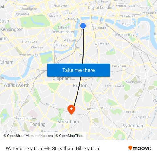 Waterloo Station to Streatham Hill Station map