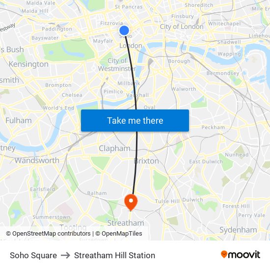 Soho Square to Streatham Hill Station map