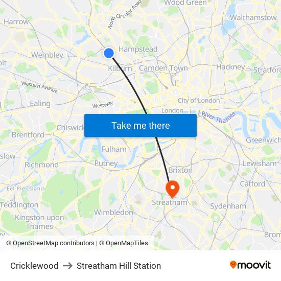 Cricklewood to Streatham Hill Station map