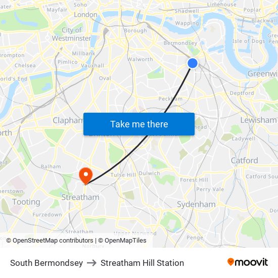 South Bermondsey to Streatham Hill Station map