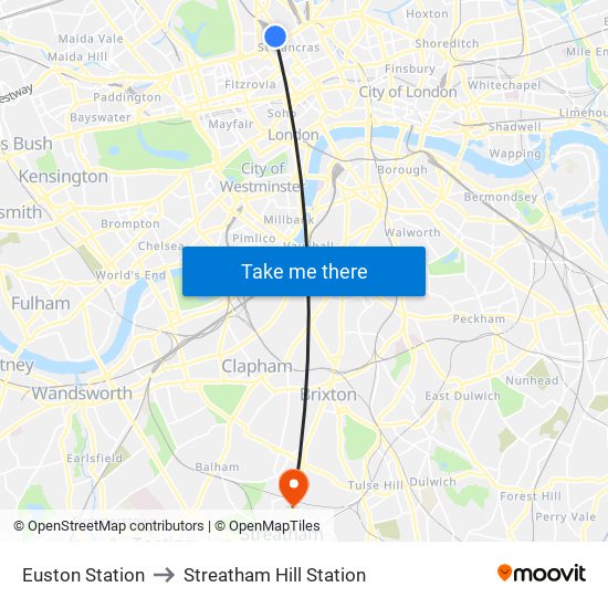 Euston Station to Streatham Hill Station map