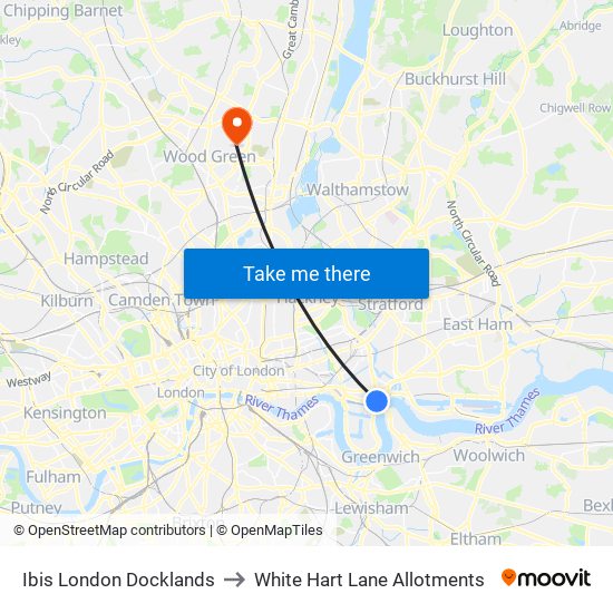Ibis London Docklands to White Hart Lane Allotments map